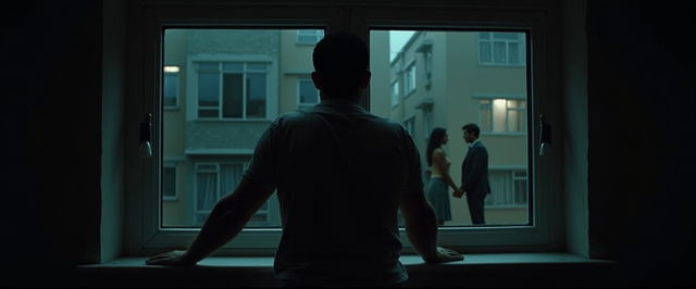 A chilling horror movie poster depicting a man standing with his back to the viewer, peeping through a darkened apartment window