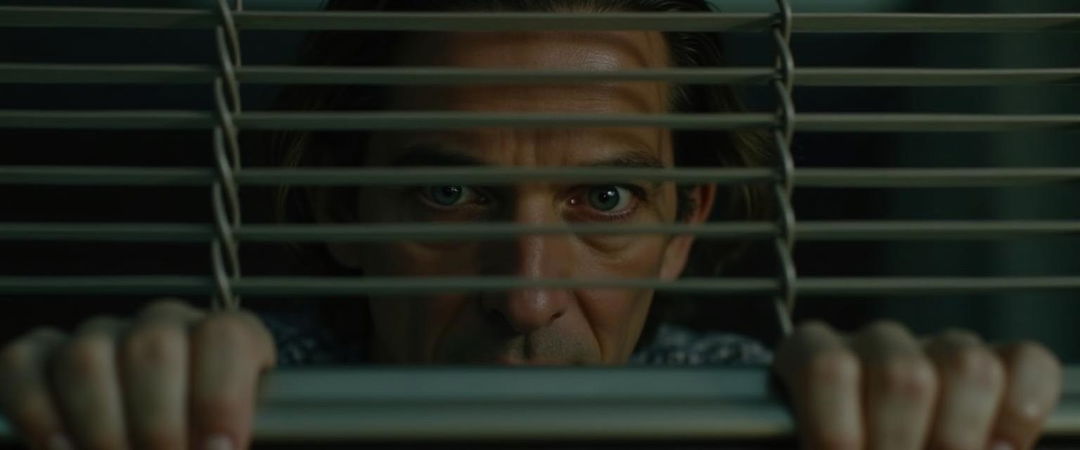 An intense image featuring a younger version of actor Jeremy Irons as a man lifting a blind and looking through it with a frightened expression