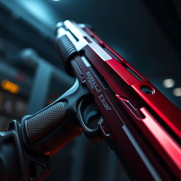 A close-up view of a dramatic weapon inspired by the design of a futuristic firearm