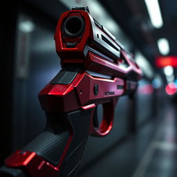 A close-up view of a dramatic weapon inspired by the design of a futuristic firearm