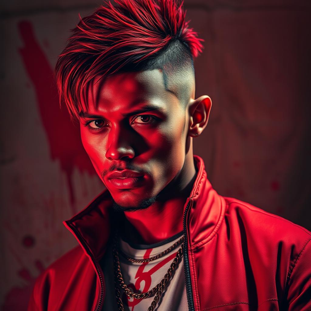 A striking portrait of a male rapper inspired by the style of Morgenstern, featuring bold crimson red colors dominating the scene