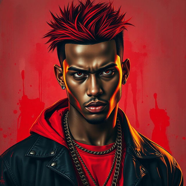 A striking portrait of a male rapper inspired by the style of Morgenstern, featuring bold crimson red colors dominating the scene