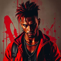 A striking portrait of a male rapper inspired by the style of Morgenstern, featuring bold crimson red colors dominating the scene