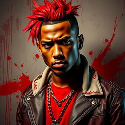 A striking portrait of a male rapper inspired by the style of Morgenstern, featuring bold crimson red colors dominating the scene