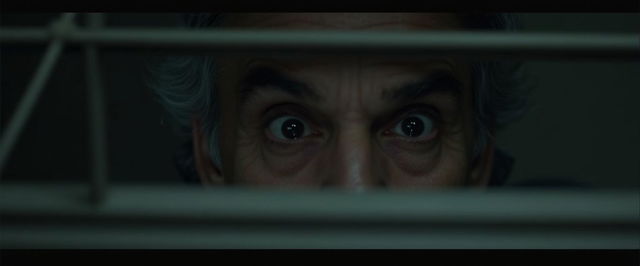 An intense, emotional close-up of actor Jeremy Irons as he lifts a window blind, peering through it with a look of deep fright