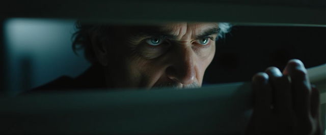 An evocative image featuring actor Jeremy Irons lifting a blind, looking through it with a concerned expression