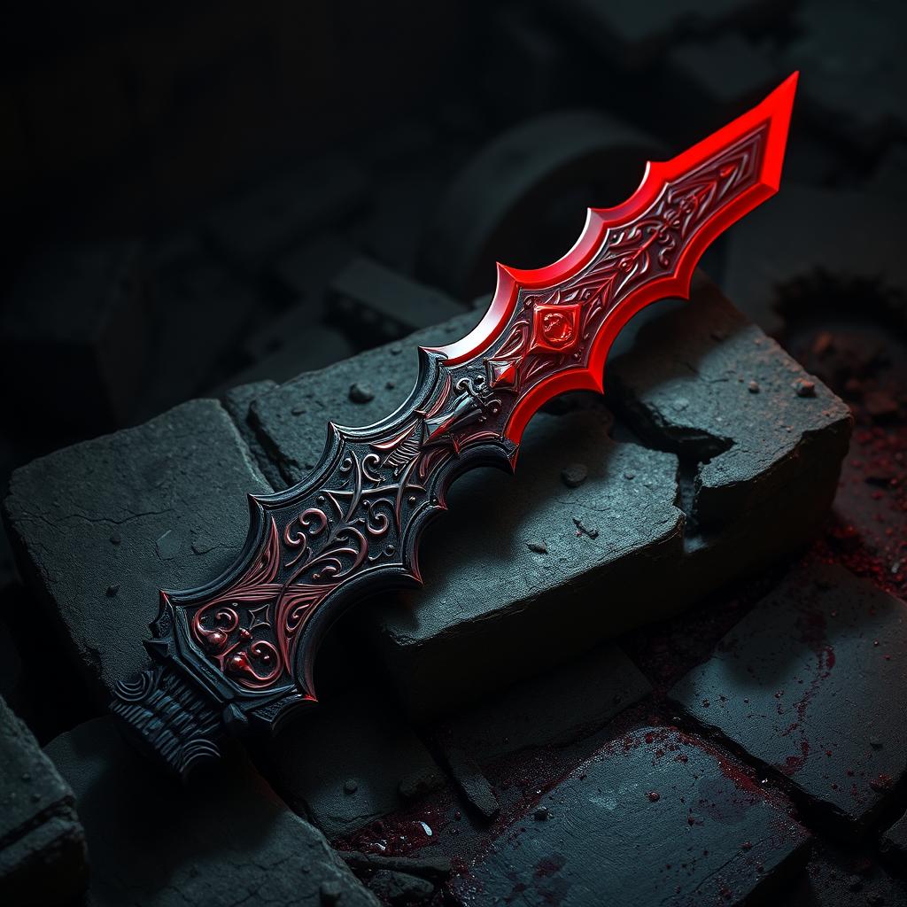 A striking and dramatic depiction of Morgenstern's weapon, characterized by its vivid blood-red color