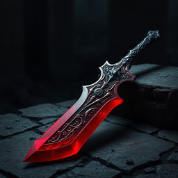 A striking and dramatic depiction of Morgenstern's weapon, characterized by its vivid blood-red color