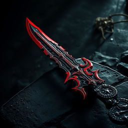 A striking and dramatic depiction of Morgenstern's weapon, characterized by its vivid blood-red color