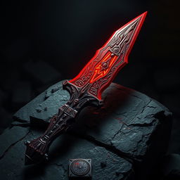 A striking and dramatic depiction of Morgenstern's weapon, characterized by its vivid blood-red color