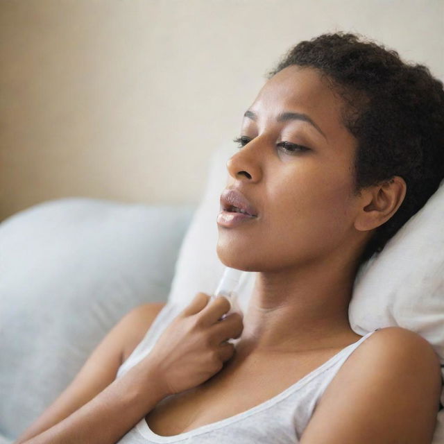 A person with asthma receiving oxygen therapy in a calm and gentle environment. They're surrounded by soft light, with serene expressions indicating relief and comfort.