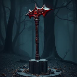 A stunning blood-colored mace, intricately designed with sharp spikes and a smooth, glossy finish, reflecting light as if it's freshly polished