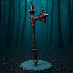 A stunning blood-colored mace, intricately designed with sharp spikes and a smooth, glossy finish, reflecting light as if it's freshly polished