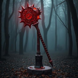 A stunning blood-colored mace, intricately designed with sharp spikes and a smooth, glossy finish, reflecting light as if it's freshly polished