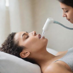 A person with asthma receiving oxygen therapy in a calm and gentle environment. They're surrounded by soft light, with serene expressions indicating relief and comfort.