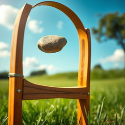 A whimsical scene in a serene outdoor setting, showcasing a vintage slingshot made of polished wood expertly crafted, holding a shiny, smooth stone