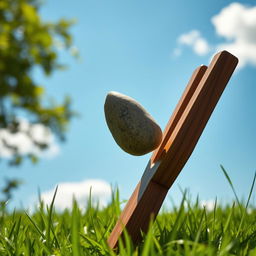 A whimsical scene in a serene outdoor setting, showcasing a vintage slingshot made of polished wood expertly crafted, holding a shiny, smooth stone