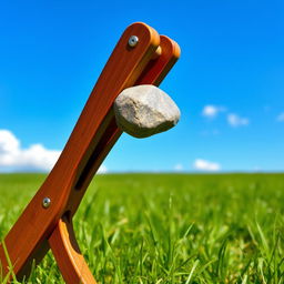 A whimsical scene in a serene outdoor setting, showcasing a vintage slingshot made of polished wood expertly crafted, holding a shiny, smooth stone