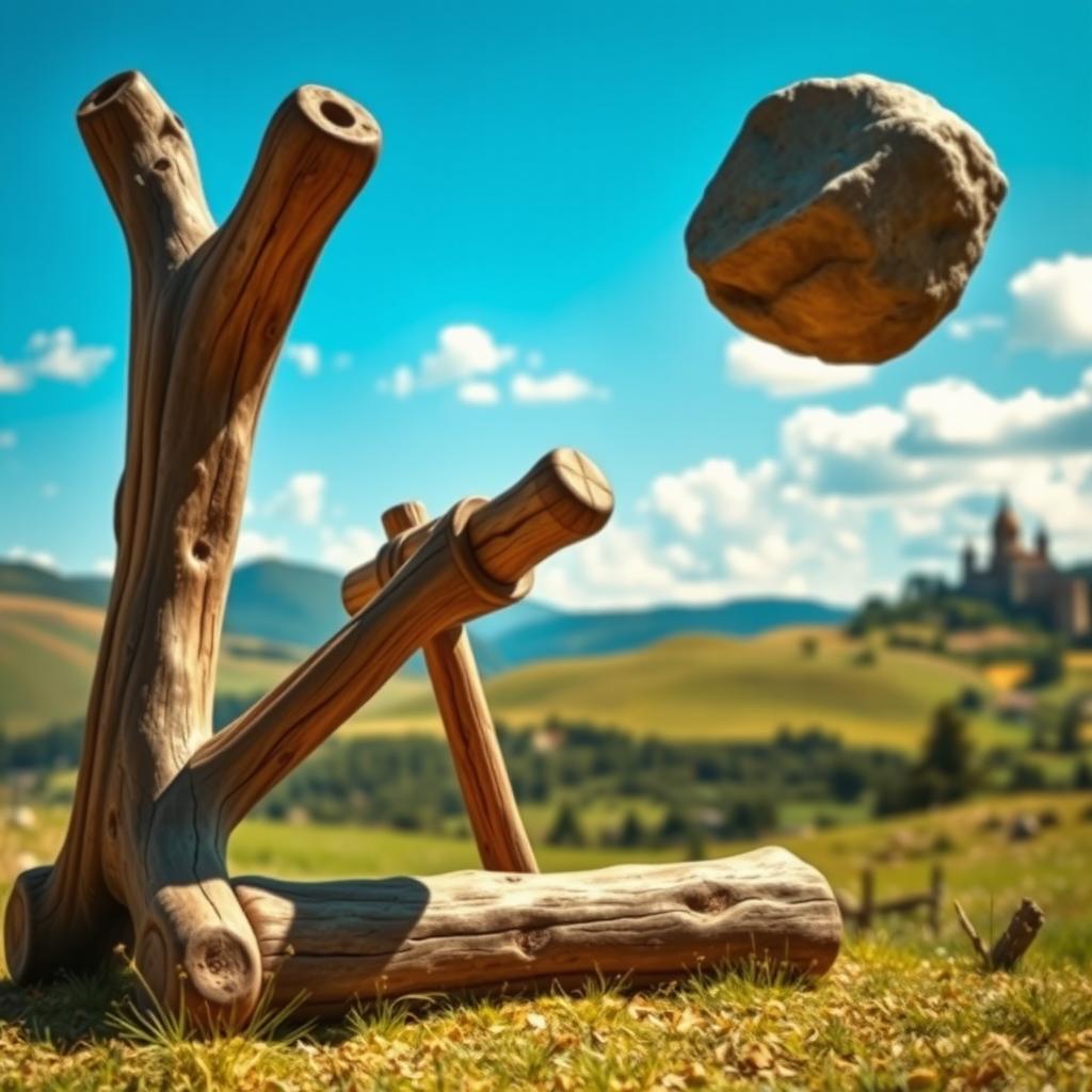 A whimsical scene depicting a medieval-style catapult made of sturdy, weathered wood in a picturesque outdoor setting