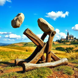 A whimsical scene depicting a medieval-style catapult made of sturdy, weathered wood in a picturesque outdoor setting