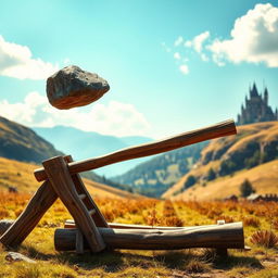 A whimsical scene depicting a medieval-style catapult made of sturdy, weathered wood in a picturesque outdoor setting