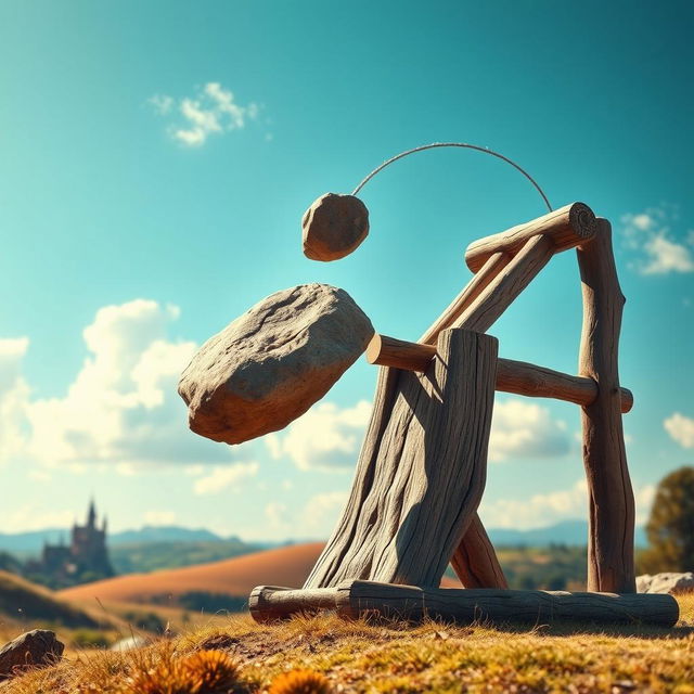 A whimsical scene depicting a medieval-style catapult made of sturdy, weathered wood in a picturesque outdoor setting