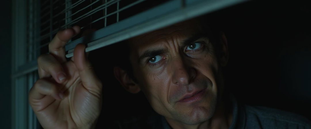 A striking close-up image of a younger Jeremy Irons lifting a blind, peering through it with a look of deep concern etched across his face