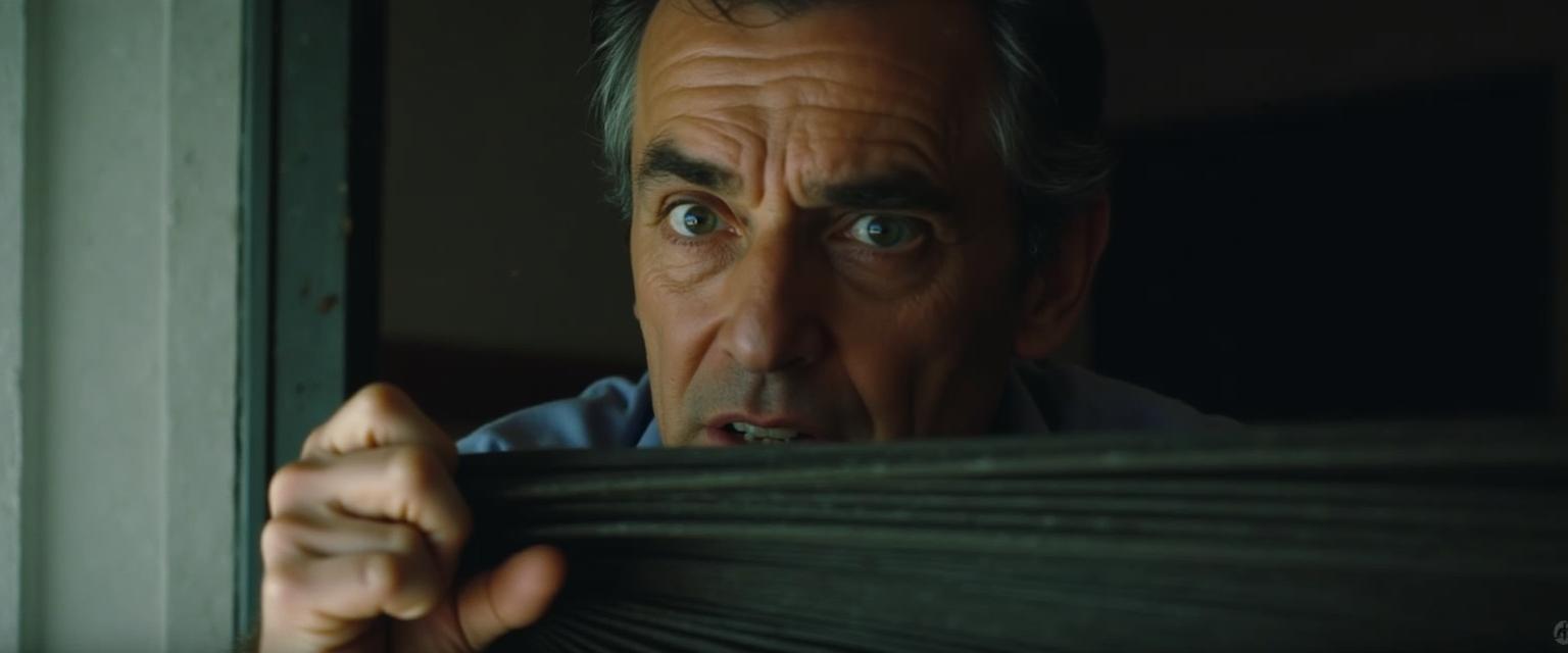 A striking image of a younger Jeremy Irons lifting a blind, peering through it with a look of concern