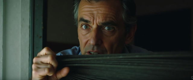 A striking image of a younger Jeremy Irons lifting a blind, peering through it with a look of concern