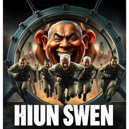 An intense and dynamic action movie poster featuring exhausted soldiers sprinting energetically inside a massive, oversized hamster wheel