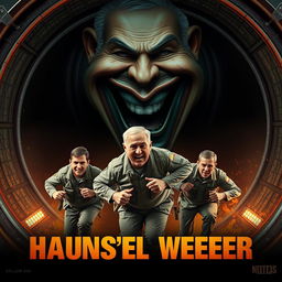 An intense and dynamic action movie poster featuring exhausted soldiers sprinting energetically inside a massive, oversized hamster wheel