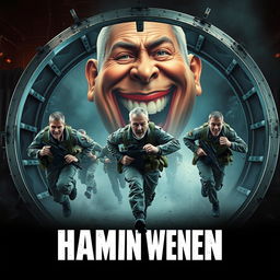 An intense and dynamic action movie poster featuring exhausted soldiers sprinting energetically inside a massive, oversized hamster wheel