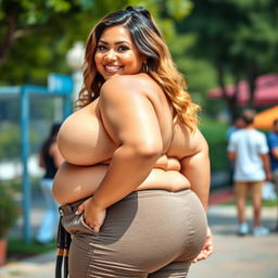 A voluptuous plus-size woman with a generously curvy figure, showcasing her prominent features including large breasts and a big, rounded backside