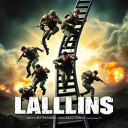 A thrilling movie poster featuring a group of determined soldiers energetically climbing a connected revolving ladder