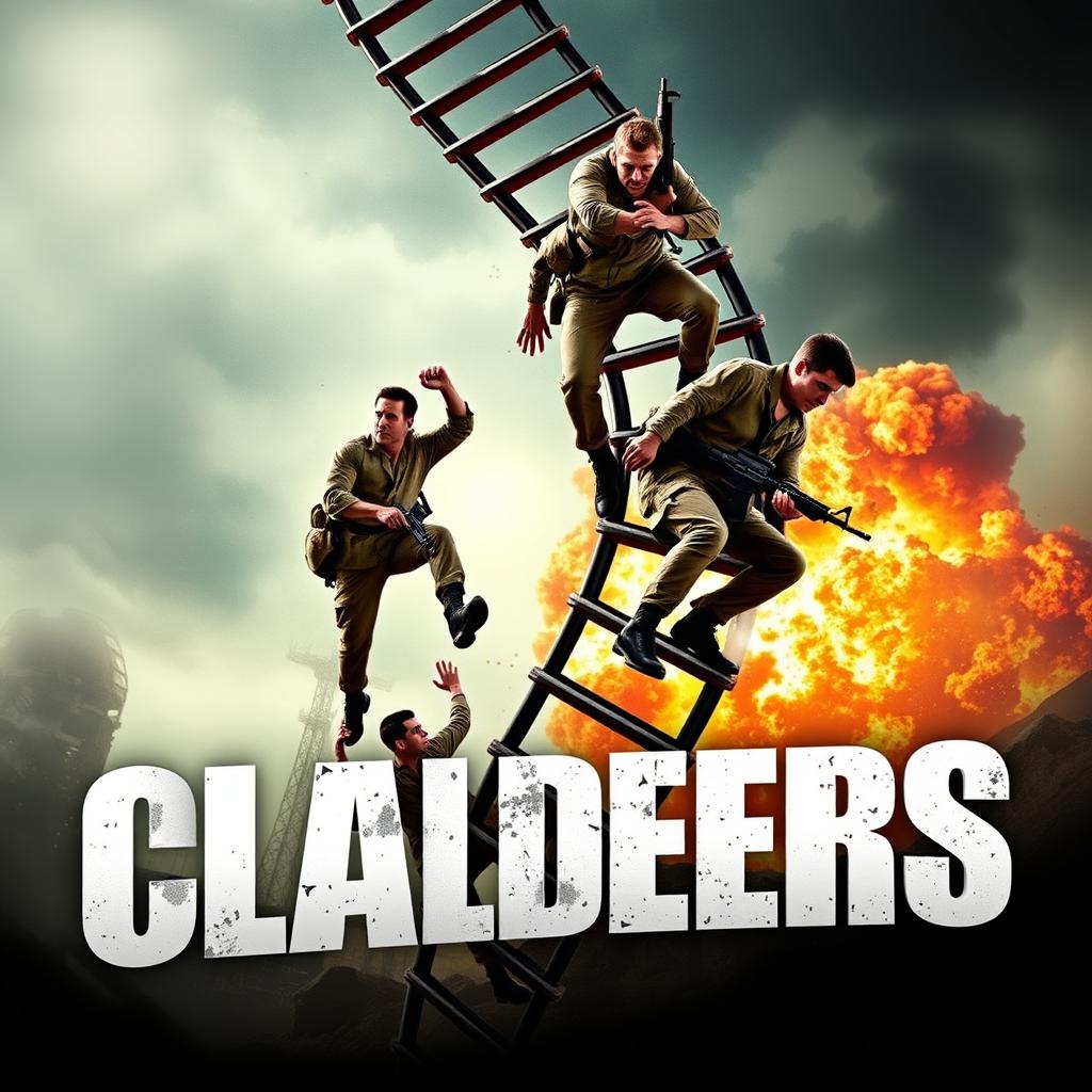 A thrilling movie poster featuring a group of determined soldiers energetically climbing a connected revolving ladder