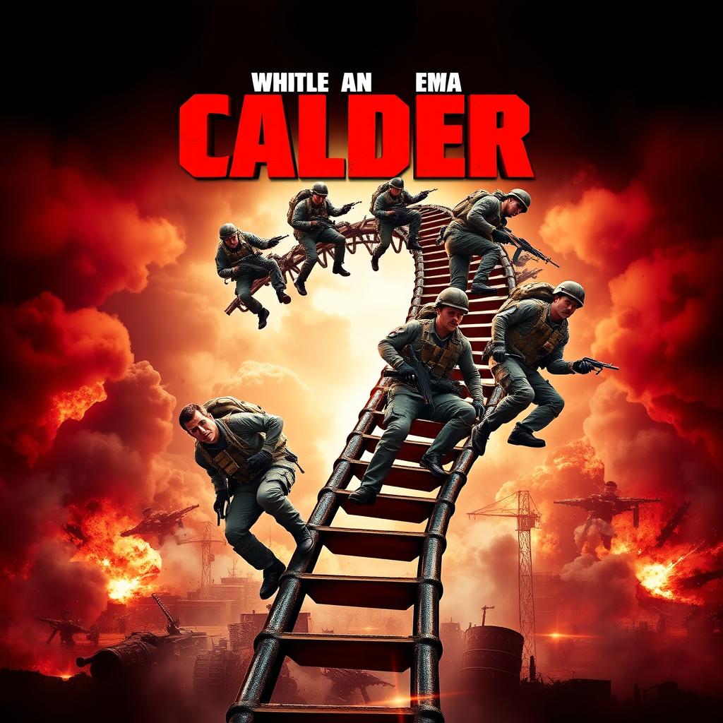 An exhilarating poster showcasing a group of soldiers climbing a connected revolving ladder, emphasizing their determination and teamwork