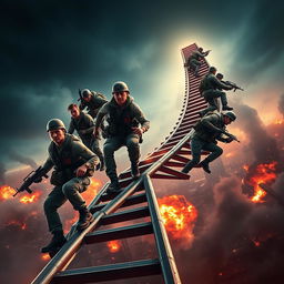 An exhilarating poster showcasing a group of soldiers climbing a connected revolving ladder, emphasizing their determination and teamwork