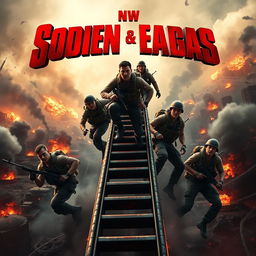 An exhilarating poster showcasing a group of soldiers climbing a connected revolving ladder, emphasizing their determination and teamwork