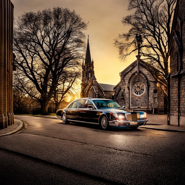 A classic black hearse on a cobblestone street in front of an old stone church at sunset, captured in Amy Shore's distinctive style.