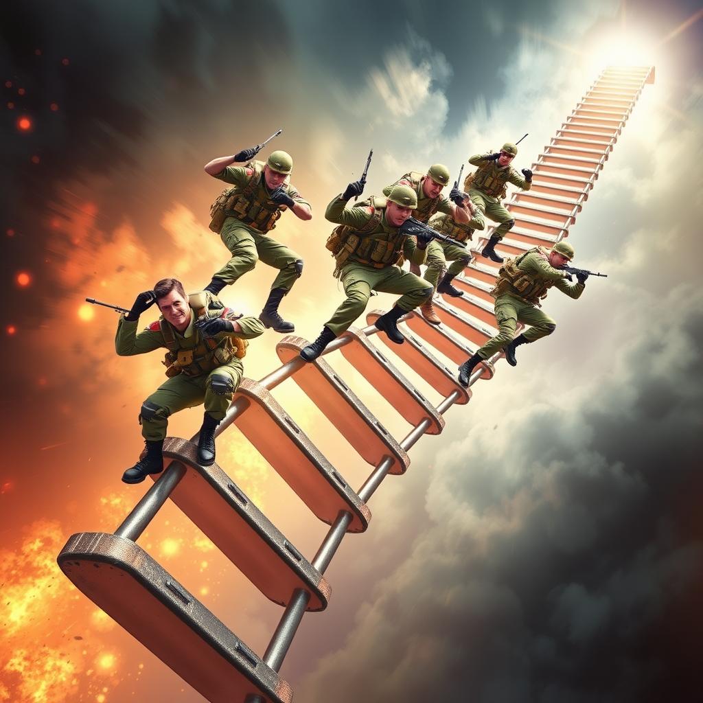 An exhilarating design showcasing a group of soldiers energetically climbing a connected revolving ladder, capturing the essence of teamwork and determination