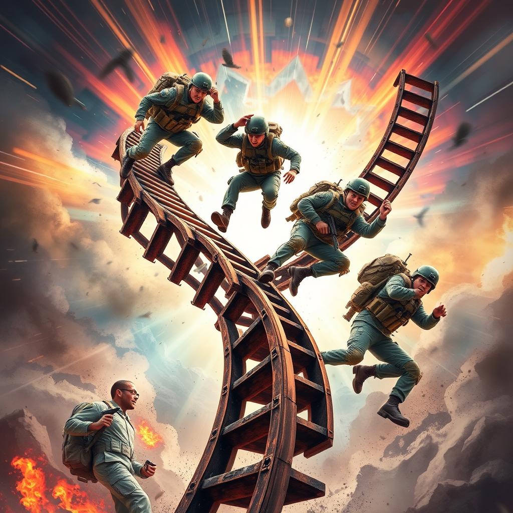 An exhilarating design showcasing a group of soldiers energetically climbing a connected revolving ladder, capturing the essence of teamwork and determination