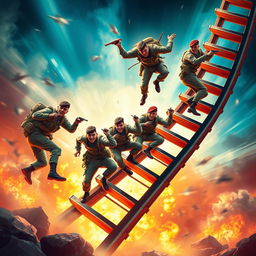 An exhilarating design showcasing a group of soldiers energetically climbing a connected revolving ladder, capturing the essence of teamwork and determination