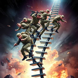 An exhilarating design showcasing a group of soldiers energetically climbing a connected revolving ladder, capturing the essence of teamwork and determination