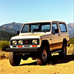 A vintage Generation One Mitsubishi Pajero, short wheelbase (SWB) model, displayed prominently in a natural outdoor setting