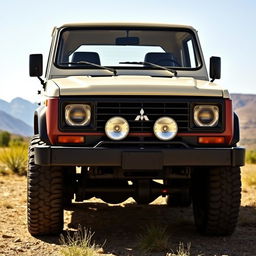 A vintage Generation One Mitsubishi Pajero, short wheelbase (SWB) model, displayed prominently in a natural outdoor setting