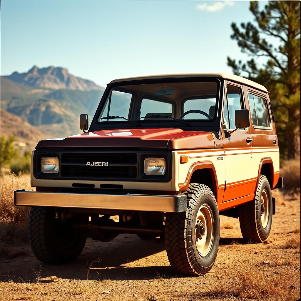 A vintage Generation One Mitsubishi Pajero, short wheelbase (SWB) model, displayed prominently in a natural outdoor setting