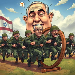A whimsical scene depicting exhausted soldiers running on a giant hamster wheel, each displaying signs of fatigue and determination