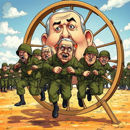 A whimsical scene depicting exhausted soldiers running on a giant hamster wheel, each displaying signs of fatigue and determination