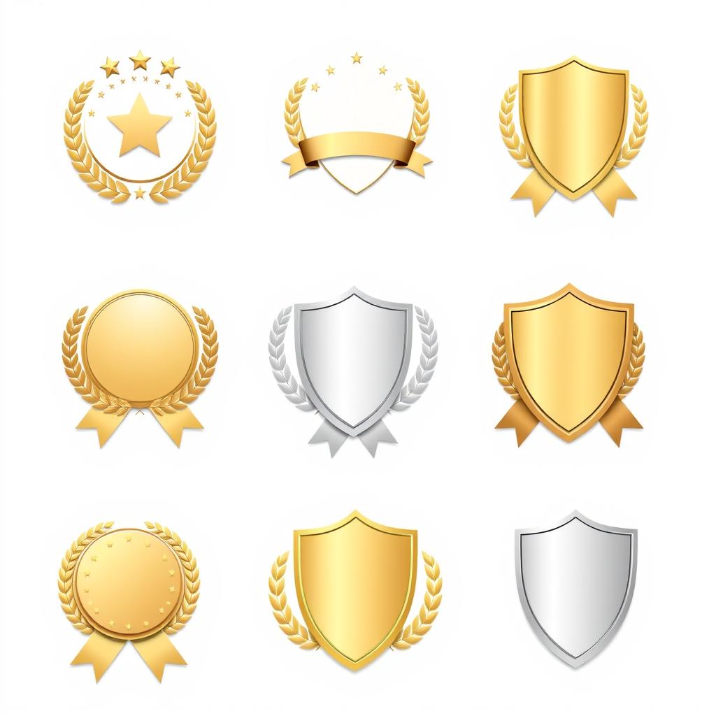 A collection of simple and elegant award shields in various designs, featuring classic elements like stars, laurel leaves, and ribbons