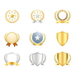 A collection of simple and elegant award shields in various designs, featuring classic elements like stars, laurel leaves, and ribbons